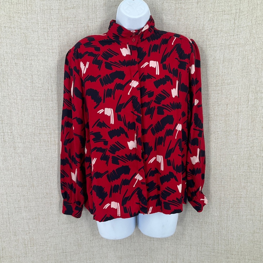 Pendleton Blouse Womens 12 Red Wool Abstract Vintage‎ High Neck Button Up